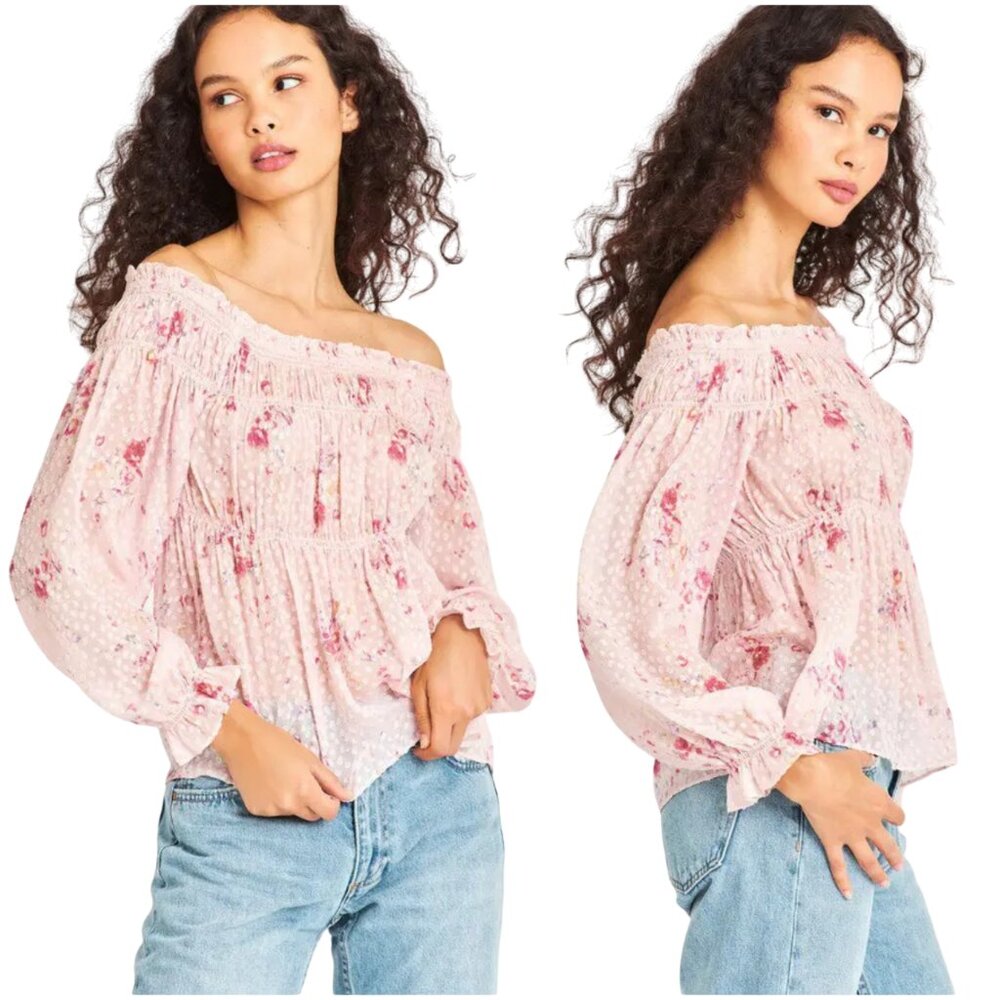 LoveShackFancy Tiffie Silk Blend Top pink floral elastic off shoulder S small M